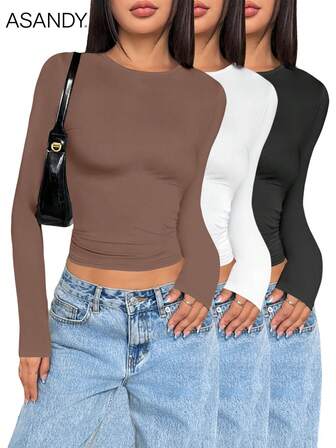 3st/set Damer Enfärgade Långärmade T-shirts med rund hals, Slim Fit Casual Pullover Toppar, Vår/Höst