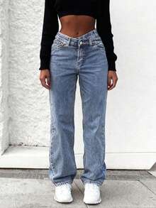 女式宽松斜腰锥形牛仔裤 - 淺色水洗藍 - 查看 3