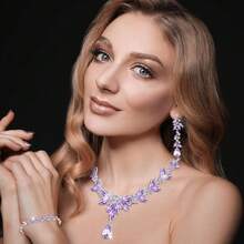 Landical Wedding Jewelry Set For Women Bridal Bridesmaid Accessories Necklace Bracelet Earrings For Party,Violet - Violet - 查看 6