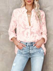 Chemisier élégant à manches longues et col pour femmes grandes tailles, coupe féminine, convient aux saisons d'automne et de printemps. Chemisier de style français léger, idéal pour la protection solaire estivale et les vacances. Chemise décontracté chic pour femmes - Rose bonbon - Voir 4