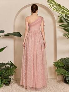 Mgiacy-流行单肩系带网眼褶皱拼布刺绣蕾丝大摆伴娘长裙 - 粉色 - 查看 2