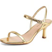 Women's Heels Round Open Toe Strappy Sandals Adjustable Ankle Strap Dress Shoes Kitten Heels For Party WeddingChristmas - Gold - View 7
