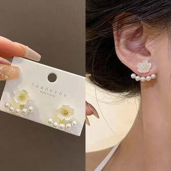 1 Pair Minimalist Fresh Pearl Flower Earrings For Women, Elegant Hanging Style High-End Ear Studs, Earrings