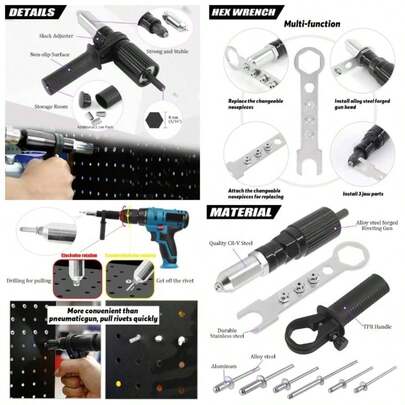 211Pcs Black Alloy Steel Rivet Gun Adapter Kit, Including 2.4/3.2/4.0/4.8mm Diameter Rivet And Handle Wrench With 500Pcs Aluminum Blind Rivet Kit