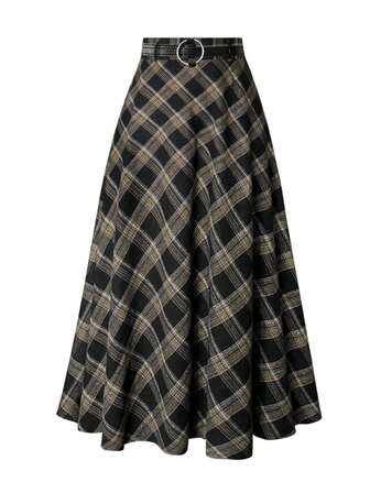 Women's Elegant Plaid Print Flare Skirt, Belt Not Included