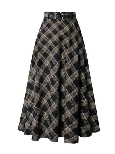 Women's Elegant Plaid Print Flare Skirt, Belt Not Included Casual Black