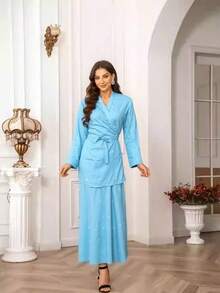 2 件套优雅女士时尚个性化长袖复古印花缎面 V 领连衣裙套装、复古上衣和裙子 - 藍色 - 查看 4