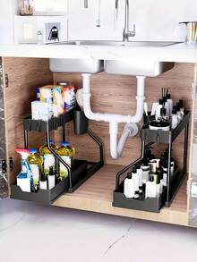 Brodark 1个黑色/白色双层滑动式水槽收纳架，带金属框架，多功能浴室柜篮抽屉，适用于收纳化妆品和配件，浴室收纳架 - 黑色 - 查看 8