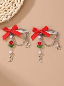 2 Peças Clipes de Cabelo Femininos Moda Y2K Fofos Vermelho BB, Laço, Estrela, Lua, Flor de Rosa, Pendente de Pérola, Adequado para Uso Diário, Festa e Combinação, Clipes de Garra, Presilhas de Cabelo, Acessórios de Cabelo, Glamour de Ano Novo