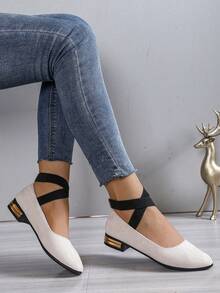 Giày bệt nữ đế thấp mới mùa xuân 2026, Giày lười mũi nhọn chéo thời trang cho nữ, Giày moccasin cỡ lớn - Màu be - Xem 3