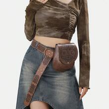 Sporran, A Unisex Medieval Retro-Style Portable Waist Bag/Crossbody Bag With Viking Embossed PU Leather Strap, Flap Side Wallet, Suitable For LARP And Renaissance Faire. - 棕色 - 查看 4