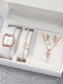 Bộ 5 chiếc đồng hồ thạch anh mặt vuông tối giản thời trang dành cho nữ + Bộ trang sức ngọc trai - trắng - Xem 9