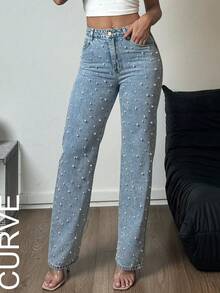 Plus Size Pearl Embellished Jeans - Classic Washed, Mid-Rise, Elegant Straight Leg - Light Wash - View 3
