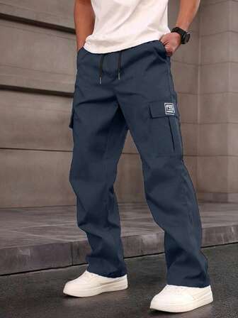Men's Fashion Cargo Pants, Straight Leg, Elastic Waist, Loose Fit, Solid Color, Single Side Embroidered Logo, Long Pants