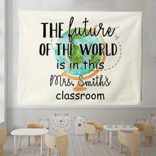 Educational World Map Tapestry - "The Future Of The World Is In This Mr. Smith'S Classroom" - Vibrant Earth & Globe Design, Polyester Wall Hanging For Primary School Decor, Classroom Art, Student Learning Space, Classroom Decoration - 白色 - 查看 6