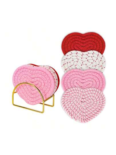 1pc Handmade Woven Heart-Shaped Coaster, Valentine's Day Heart Coaster, Pink/Red Absorbent Drink Mat, Suitable For Home, Restaurant, Tea House, Cafe, Bar Decor (Tray Not Included)