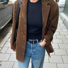 Chaquetas de Ante sinttico para Mujer, Chaqueta Corta clsica Retro Abotonada, Blazer Extragrande - Café + 3XL - Ver 5