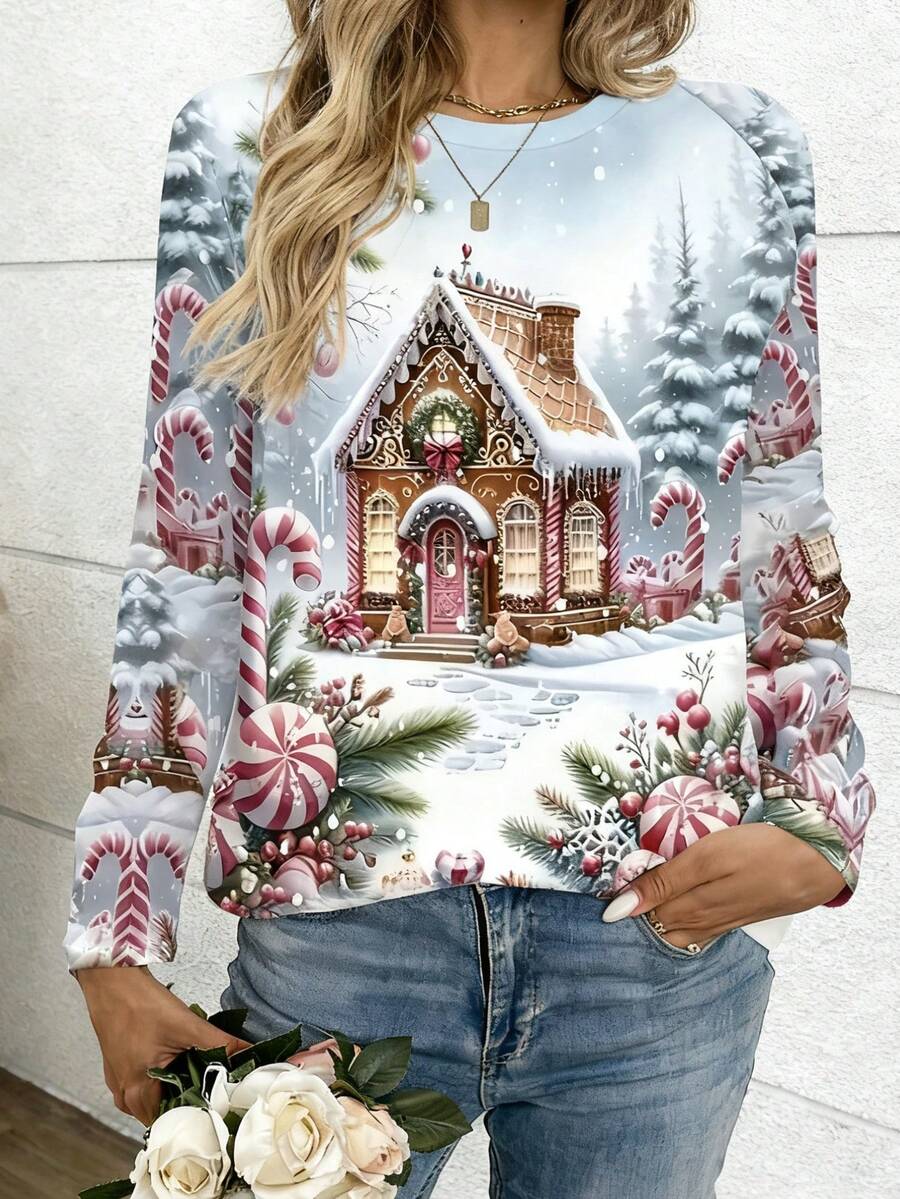 Top de Manga Longa Casual Feminina com Gola Careca, Manga Raglan e Recortes Coloridos com Padrão de Casa de Neve Mágica de Natal - Branco - Visão 1
