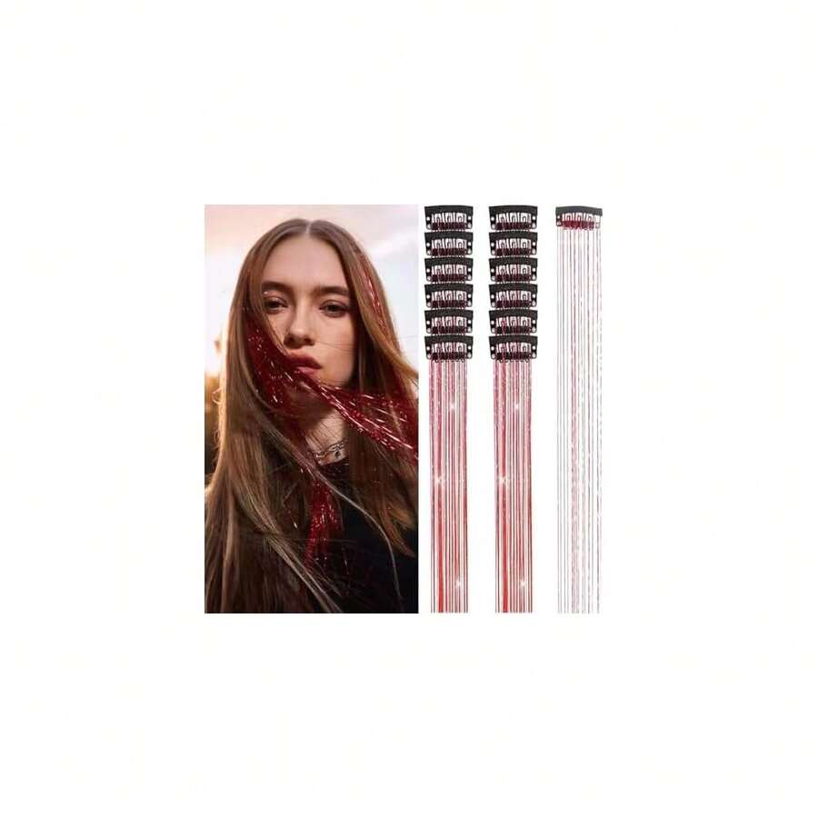 Hair Tinsel Clip In Tinsel Hair Extensions Red Fairy Glitter Hair Tinsel Kit For Women Heat Resistant 21.5In 12Pcs Festival Accessories For Party, Christmas, New Year, Halloween, Cosplay,Red - 紅色 - 查看 1