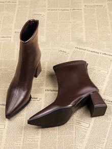 2025 Autumn/Winter New Fashion Pointed Toe Thick Heel Short Boots, Brown Leather High-End Slim Fit Ankle Boots With Back Zipper, Versatile And Elegant,High Heels - Brown - View 5