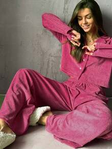 Conjunto de pijama de manga larga y pantalones de felpa rosa, nuevos pijamas de otoño e invierno, ropa de estar cómoda y esponjosa para mujer - Rosa - Ver 4