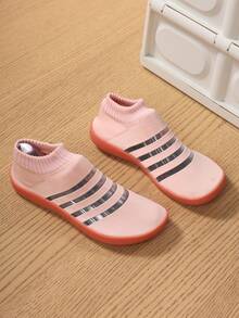 Women Breathable Knit Sock Shoes Lightweight Slip-On Striped Round Toe Low Top Flat Heel Casual Shoes Daily Walking Summer Pink Fabric Sock Sneakers - Pink - View 6