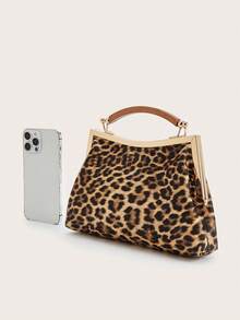 Damen Mode minimalistische Leoparden-Muster Handtasche, Kunstleder mit gewebter Textur Angola Rot Nieten Dekor gefalteter Wolken Verschluss Clutch, geeignet für Ausflüge, Partys und tägliches Kombinieren - Braun - Übersicht 6