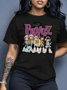 Camiseta gráfica casual '' para mujer - Manga corta, cuello redondo, microestiramiento, ajuste cómodo para primavera/verano, personajes de dibujos animados con relieve, regalo perfecto para, camiseta casual | Diseño juguetón | Ajuste cómodo - Oscuro - Ver 1