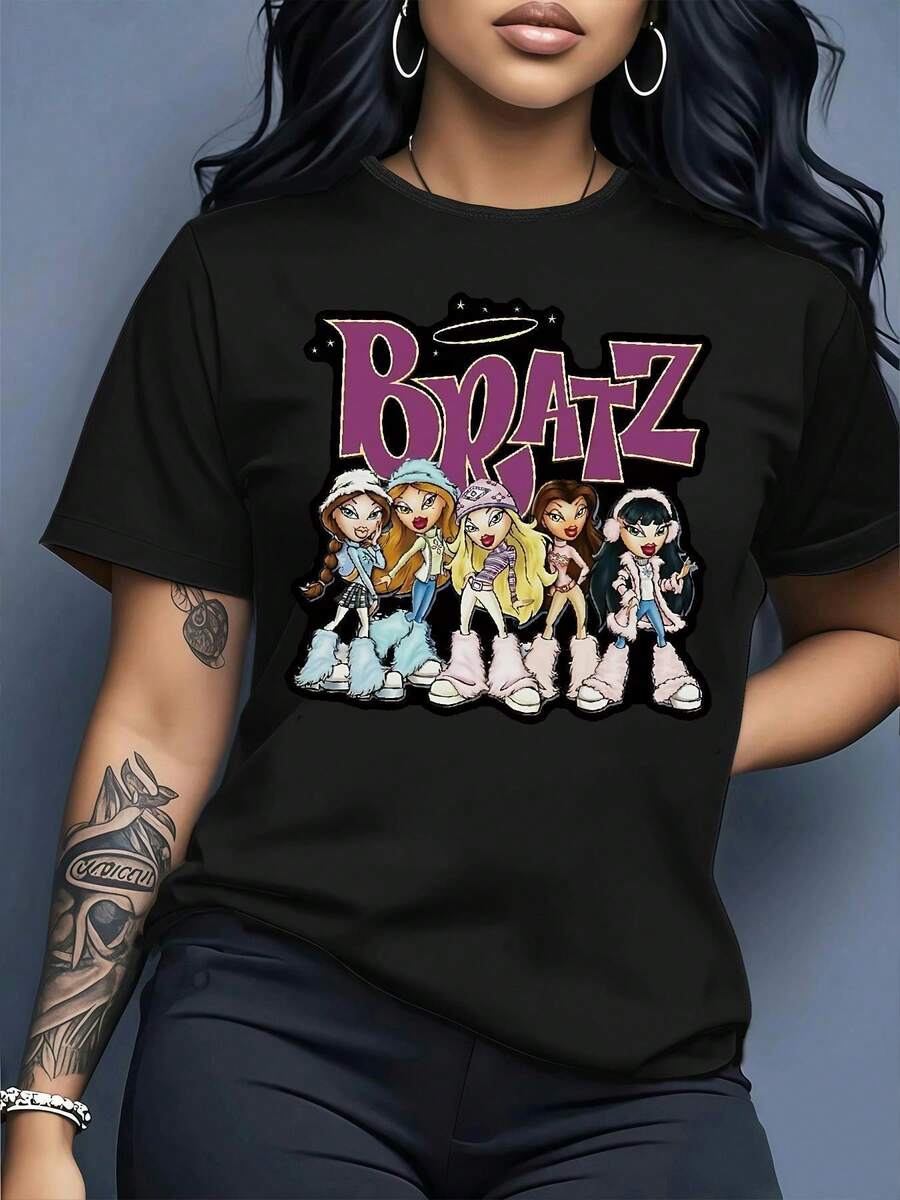 Camiseta gráfica casual '' para mujer - Manga corta, cuello redondo, microestiramiento, ajuste cómodo para primavera/verano, personajes de dibujos animados con relieve, regalo perfecto para, camiseta casual | Diseño juguetón | Ajuste cómodo - Oscuro - Ver 1