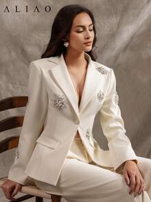 Aliao 仿梨形水钻收腰口袋西装外套，纯色，春季，返校季，外出上衣，派对活动，复古富贵风，宫廷风，情人节，派对 - 杏色 - 查看 4
