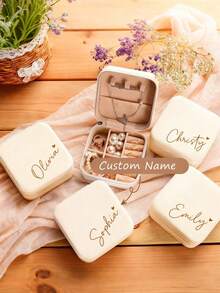 Personalized Handwritten Name Heart-Shaped Jewelry Box - Customized Beige Travel Jewelry Storage Box, Zipper Closure, Fabric Lining, Perfect Bridesmaid Invitation Gift Or Couple's Memento, Elegant Design | Soft Lining, Wedding Gift, Jewelry Box - Multicolor - View 3