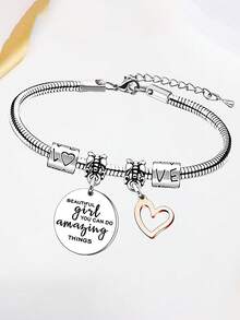 1件可调节手镯，镂空心形吊坠，不锈钢手链，情人节礼物，送给闺蜜的生日礼物