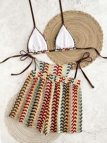 3pcs/Set Striped Bohemian Tie-Up Bikini Set, Summer Vacation - Multicolor - View 2