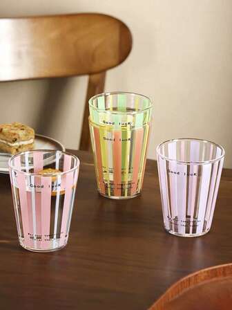 1pc INS Style Pink & White Striped "Good Luck" Blessing Glass Cup, Heat-Resistant Glass Cup For Home Breakfast, Milk, Oatmeal, Office Water Cup, Coffee Cup, Latte Art Cup, Juice Beverage Cup, Couple Water Cup, Holiday Gift