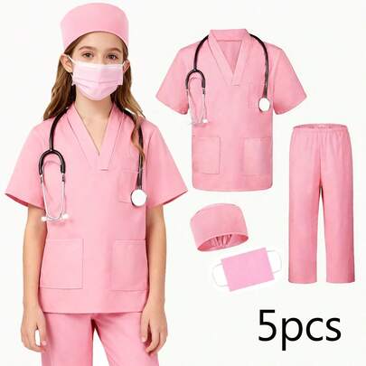 5pcs Kids Doctor Role Play Set, Includes Stethoscope, Doctor Coat, Hat And Pants, Pretend Play Toy Set. Stethoscope Can Hear Heartbeat, Doctor Costume, Nurse Role Play Set, Unisex, Ideal Doctor Toy For Girls, Costume For Holiday Party, Stage Performance, Suitable As Surprise Gift For Christmas, Birthday, Easter, Carnival, New Year, Back To School (One Size)