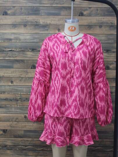 2 piezas Conjunto de mujer, Blusa de manga larga con cuello en V + Pantalones cortos con volantes en el bajo, Conjunto de blusa de manga farol rosa con lazo en la cintura, Elegante y casual para uso diario y vacaciones en primavera/otoño