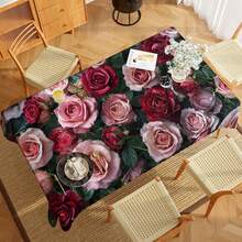 1PC Red Rose & Teddy Bear Valentine's Day Tablecloth, Valentine's Day Gifts, Valentine's Day Parties, Valentine's Day Decorations,Romantic Style Polyester Rectangular Tablecloth With Plush Bear & Rose Details, Decorative For Home Living Room Dining Table & Cafe Romantic Corner, Perfect For Valentine's Day Celebration & Love-Themed Dinner Decor