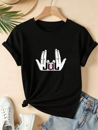 Camiseta Casual con Estampado Gráfico "JUL" para Hombres y Mujeres - Mezcla de Poliéster Suave y Transpirable, Manga Corta, Cuello Redondo, Fácil de Cuidar, Secado Rápido, Perfecta para Actividades al Aire Libre en Verano y Atuendo Casual, Ropa para Todas las Estaciones| Camiseta gráfica de moda| Cómodo