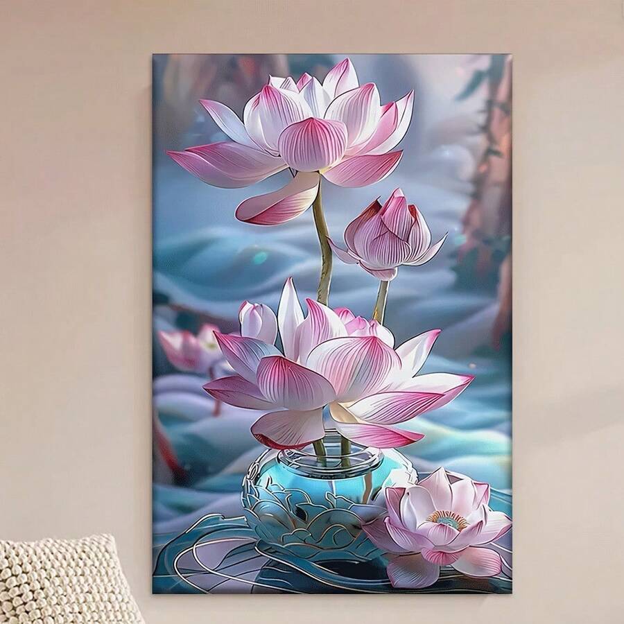 2D Flat, 1pc Wooden Framed Canvas Wall Art, Classic Pink For Lotus Flower Canvas Art Print, Portrait Orientation Poster For Living Room, Library, Office, Cafe, Bar Indoor Summer Wall Decor, Ideal For Birthday, Holiday, Valentine's Day Gifts, Cafe Decoration | Abstract Floral Art | Detailed For Lotus Depiction, Zen Home Decor Ready To Hang 16*24 Inches/ 40*60cm - 白色 - 查看 1
