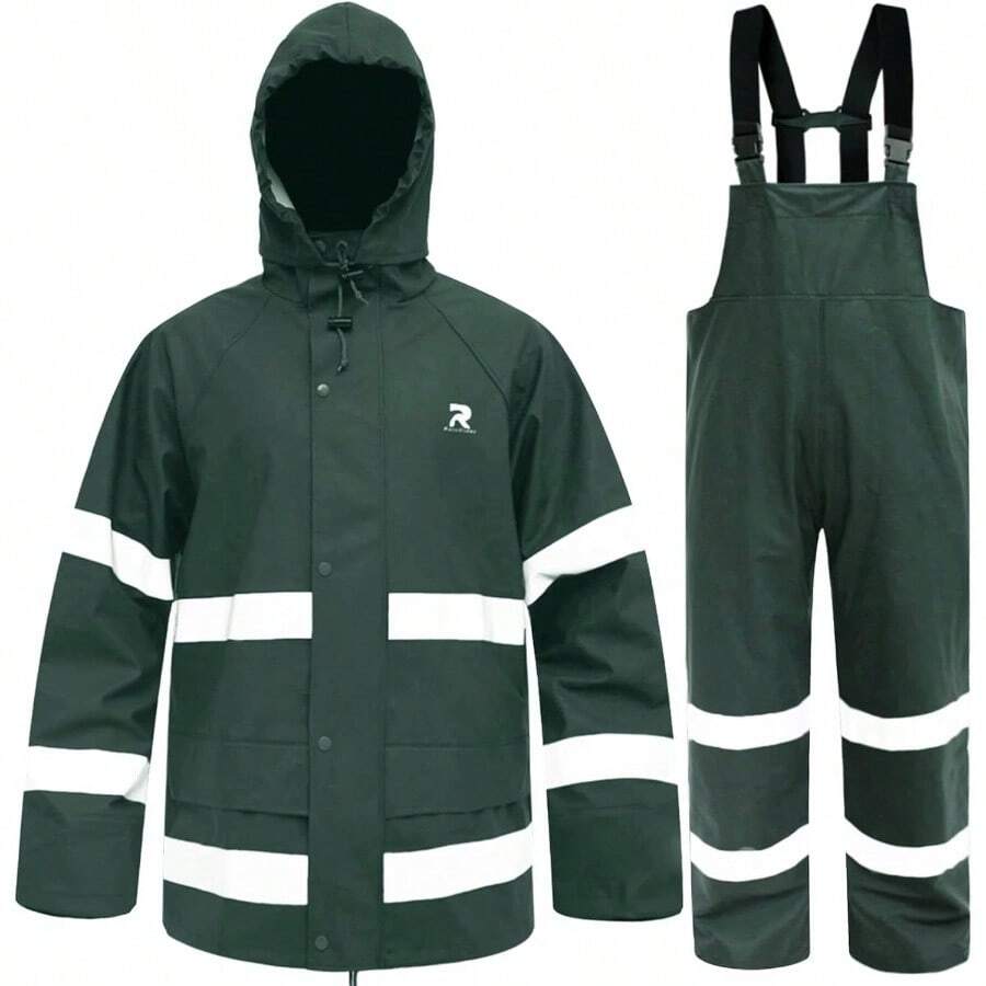 Trajes de Lluvia para Hombres Mujeres Impermeable Resistente Resistente Pesca Pesca Chaqueta y Pantalones Capucha Oculta - Verde bosque + M - Ver 1