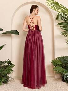 Mgiacy-Pop,New Arrival,A V-Neck Sexy,Graduation Dress, With A Three-Dimensional Floral, Embroidered ,Patchwork Mesh,Contrasting Colors - Burgundy - View 2