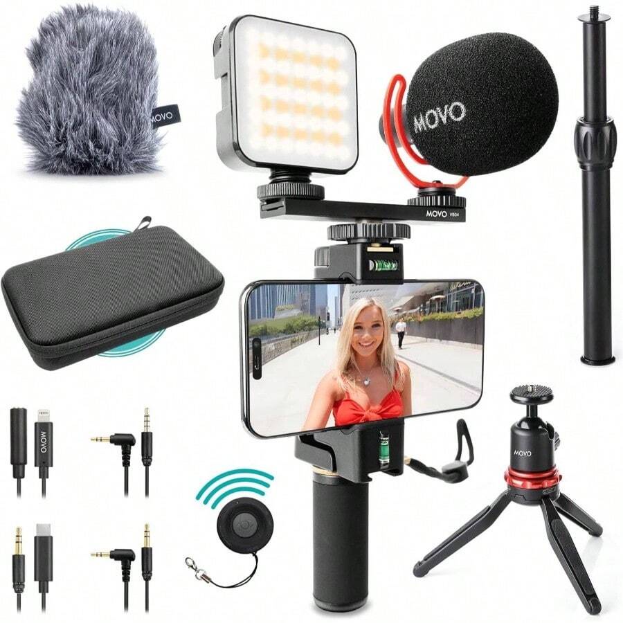 iVlogger - PRO - Kit de inicio de para creadores de contenidos - Accesorios: trpode de telfono, soporte de telfono, luz RGB y micrfono de escopeta VXR10 - inicial - Ver 1
