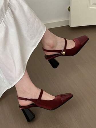 Nuevos zapatos de tacón cuadrado vintage de color burdeos estilo Mary Jane francés, con talón grueso y sin talón trasero, zapatos de cuero retro para mujer