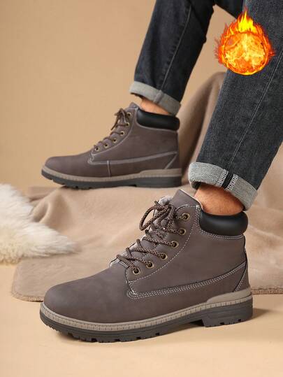 1. Winter Casual Sports Shoes Outdoor Couple Mid-Top Shoes Anti-Slip Waterproof Winter Men's Hiking Boots Barefoot Boots Men's Snow Boots Lightweight Comfortable Motorcycle Boots Outdoor Shoes Warm Boots Hiking Boots Men's Casual Shoes Thermal Lined Boots, Cushioned EVA Insole And PU Upper - Chestnut Mid-Top Lace-Up Shoes, Suitable For Daily, Office, Semi-Formal - Cold Weather Footwear, Outdoor Walking