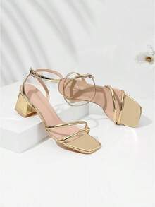 Women's Heels Chunky Block Strappy Square Open Toe Ankle Buckle Heeled Sandals Wedding Party Dress ShoesChristmas - Vàng - Xem 4