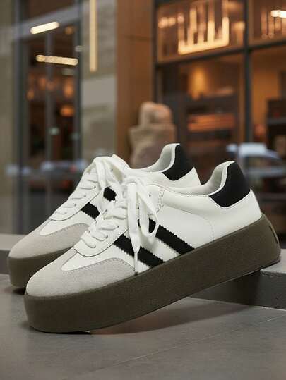 Women's Casual Sneakers, Student School Shoes, Beige Fashion Flat Shoes, Color Block Striped Decor Lace-Up Comfortable Casual Shoes, Women's Comfortable Athletic Shoes