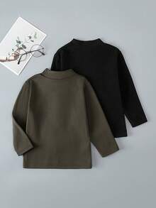 2pcs/Set Thickened Fleece Children Long Sleeve T-Shirt, Casual Versatile Crew Neck Undershirt For Boys, Suitable For 4-12 Years Old, Autumn/Winter - Multicolor - View 2