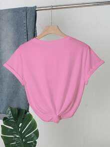 Women's Letter & Fruit Print Loose Fit Round Neck Drop Shoulder Casual T-Shirt - Pink - View 2