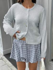 FOR BEAUTY Women's Casual Crew Neck Long Sleeve Fitted Cardigan Sweater, Versatile For Daily Wear, Autumn/Winter - Light Grey - View 5