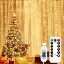 1PC 19.6ft X 9.8ft 600 LEDS 8 Lighting Modes Fairy Copper Light With Remote Colorful Window Curtain String Lights, USB Powered Waterproof For New Year Christmas Bedroom Party, Wedding Home Garden Wall Decorations - 暖白光 - 查看 13